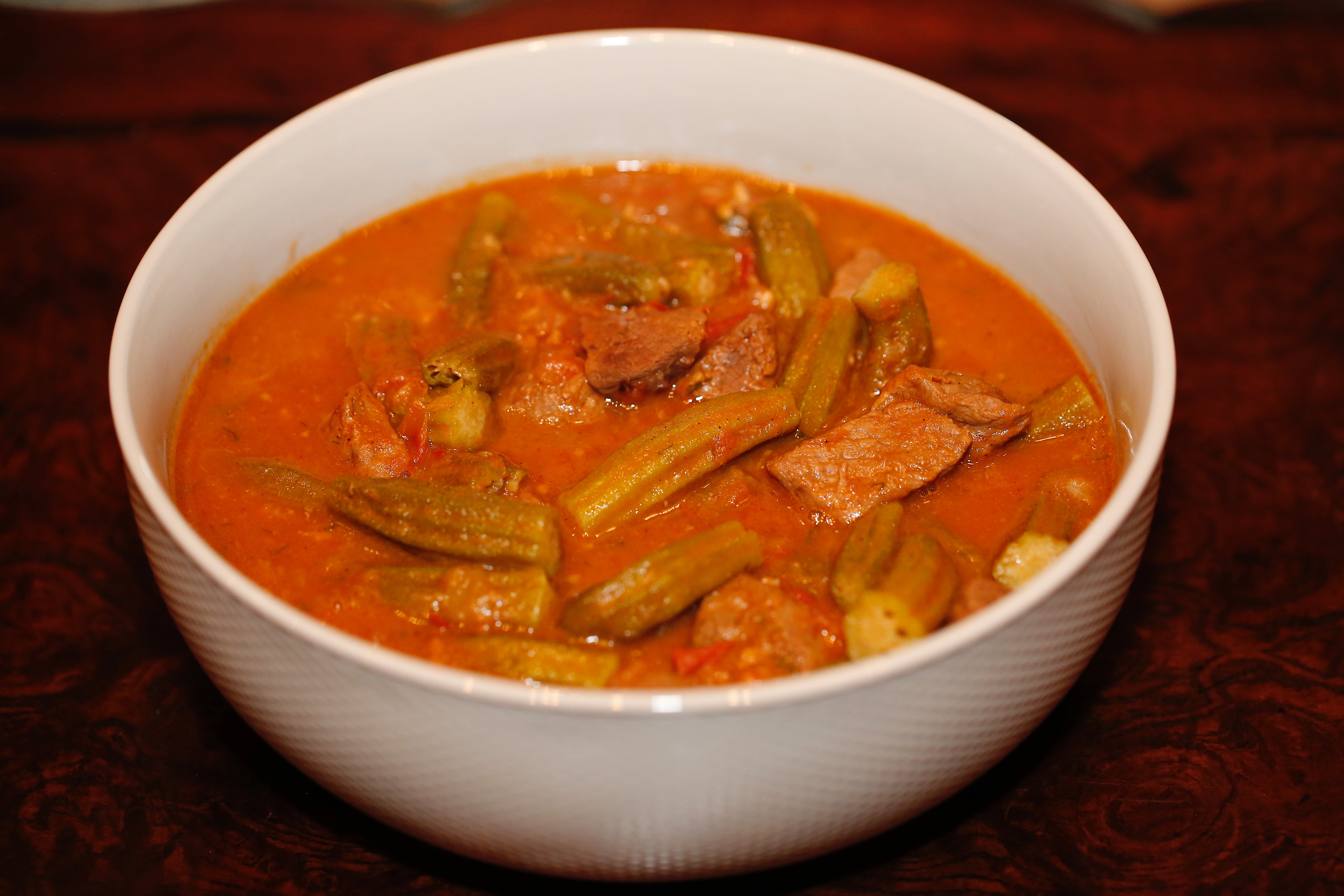 Pictured above is Okra stew cooked with meat, ready to eat. South Sudanese, Middle-eastern cuisine.