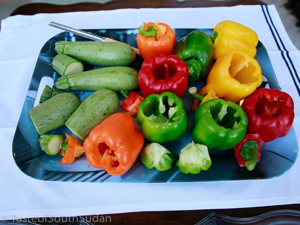Assorted bell peppers and zucchini, deseeded and cored. South Sudan food, Sudanese food, Mediterranean cuisine.